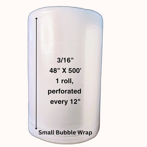 3/16” 48” X 500’ No Slit, Perf 12” Small Bubble Wrap