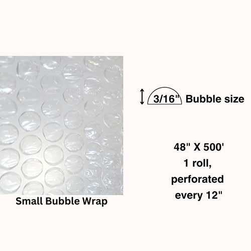 3/16” 48” X 500’ No Slit, Perf 12” Small Bubble Wrap